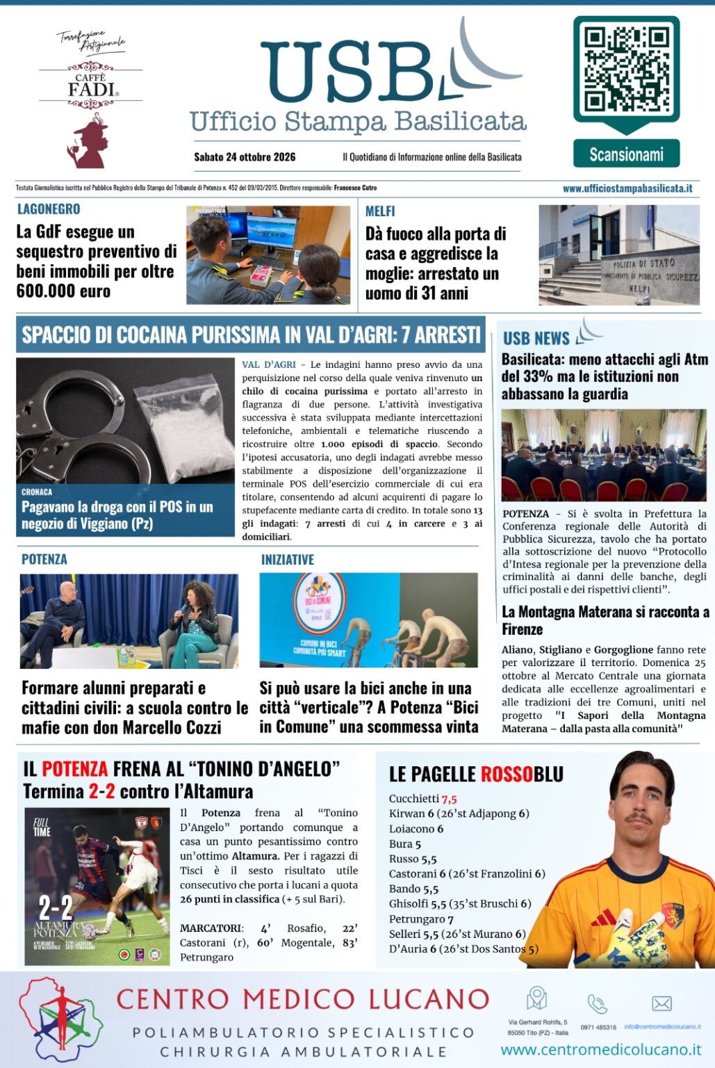 USB - La Prima Pagina di sabato 24 ottobre 2026 - Ufficio Stampa Basilicata
